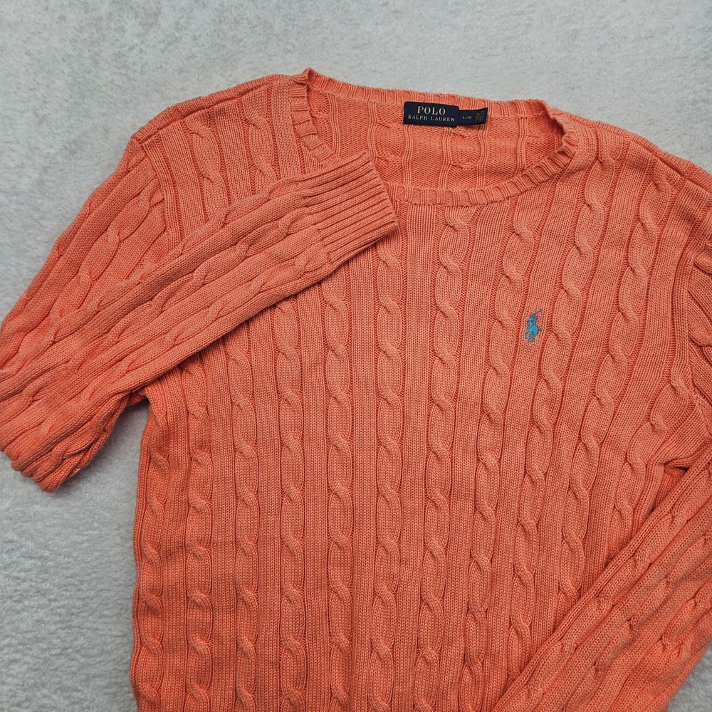 Polo Ralph Lauren Womens Cable Knit Sweater Coral Orange Blue Pony Large